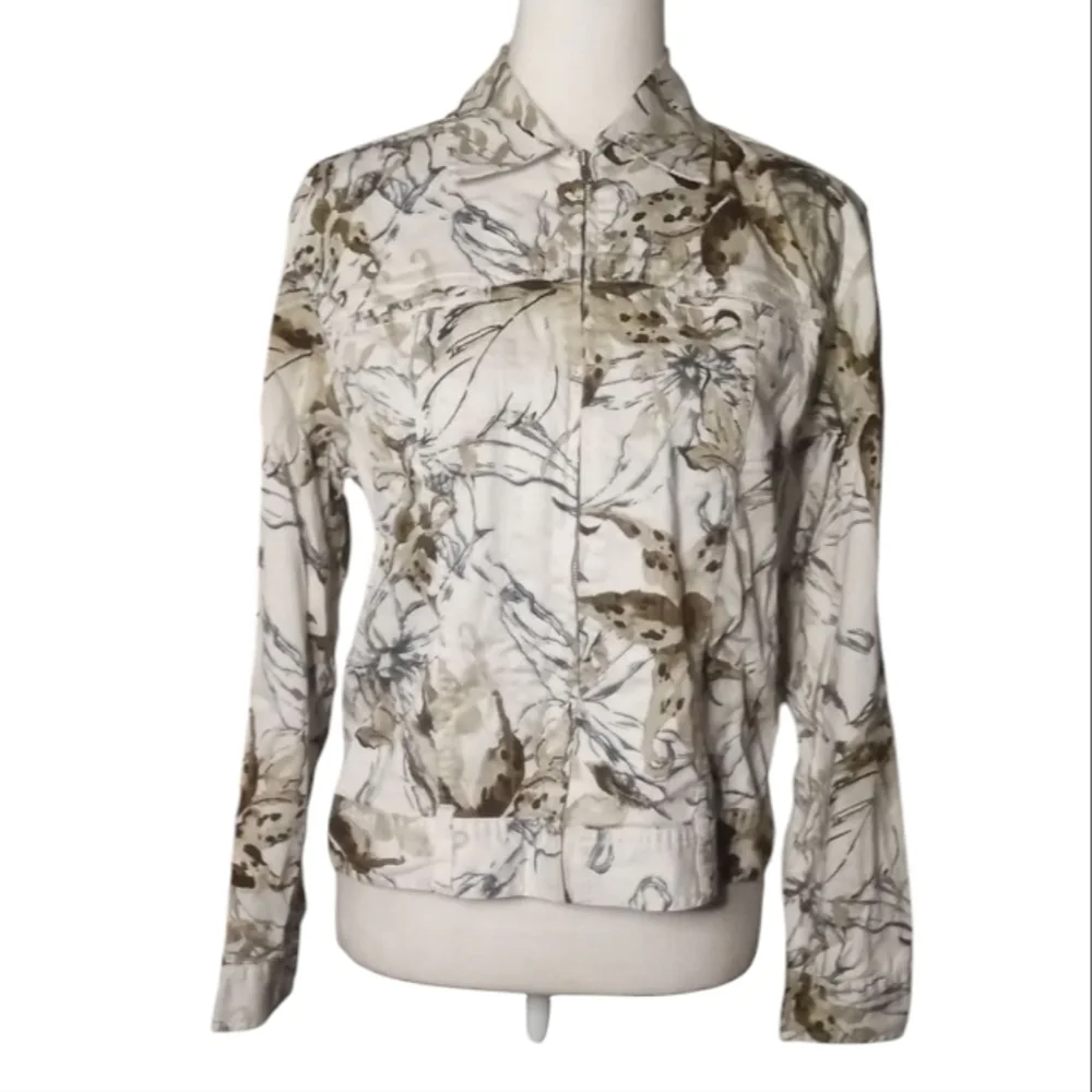 Chicos Cotton Blend Botanical Print Full Zip Jean Style Jacket Size 0 Small